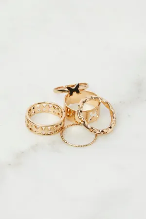 Gold 5 pack Butterfly and Chain Detail Rings