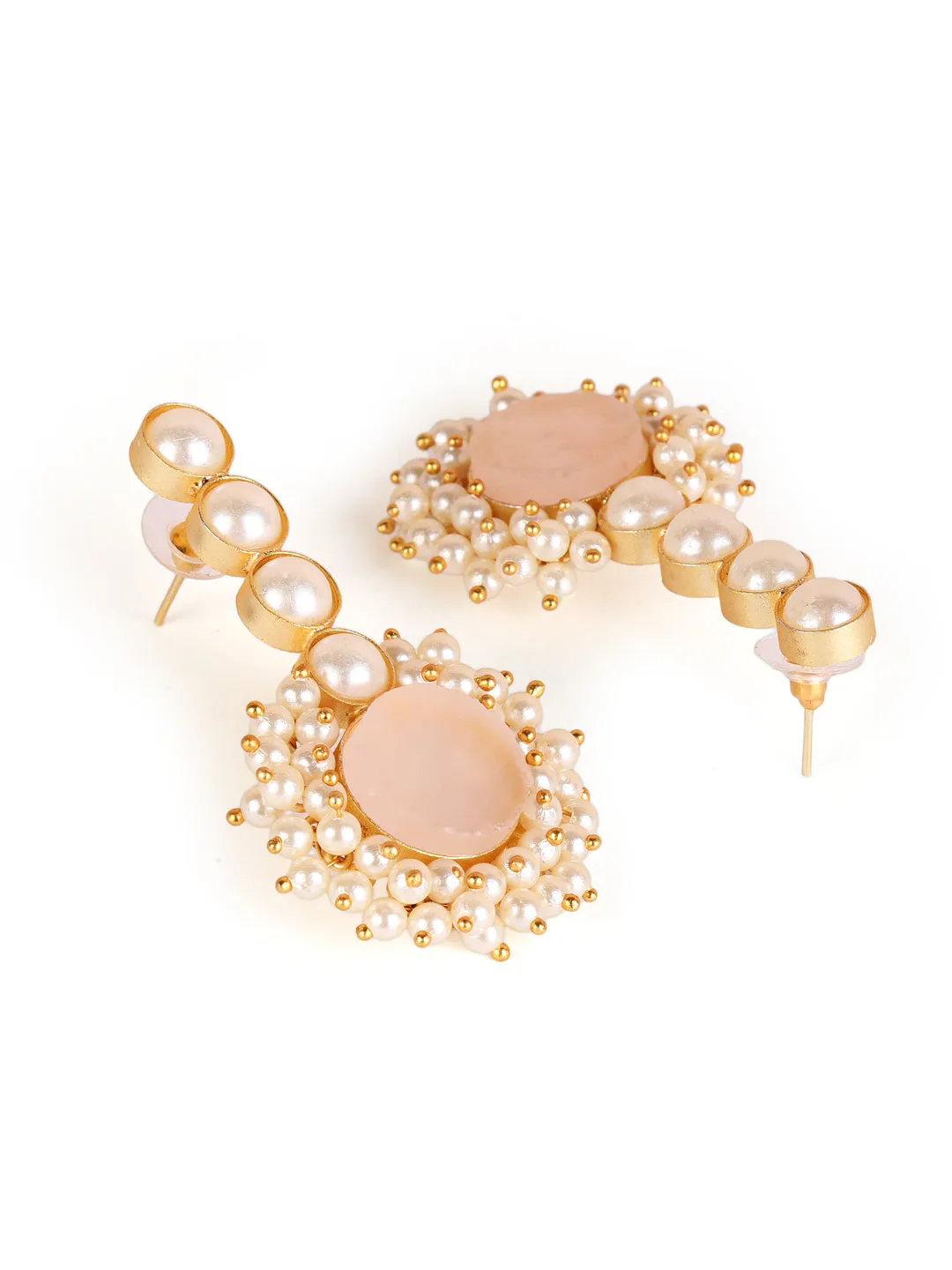 Gold- Plated Circular Shaped Pearl Beaded Contemporary Drop Earrings