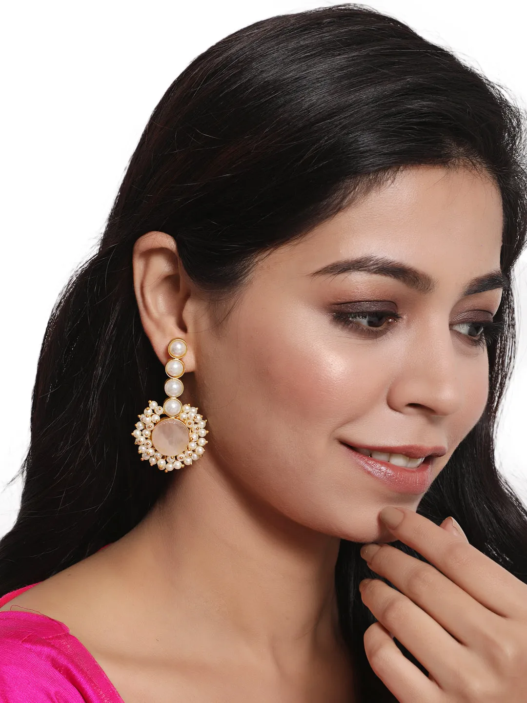 Gold- Plated Circular Shaped Pearl Beaded Contemporary Drop Earrings