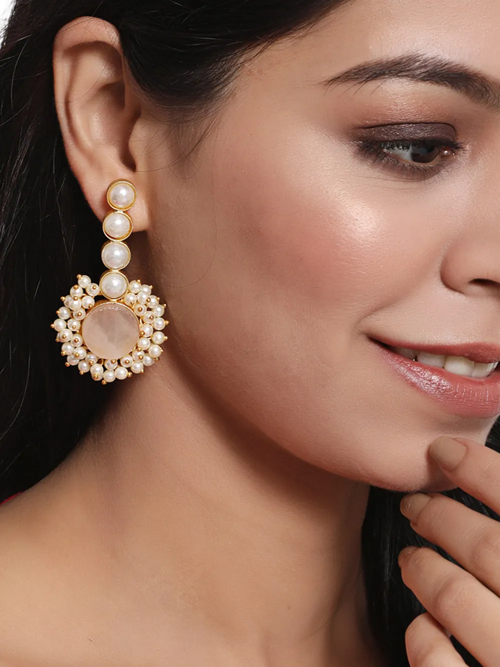 Gold- Plated Circular Shaped Pearl Beaded Contemporary Drop Earrings