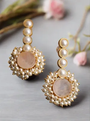 Gold- Plated Circular Shaped Pearl Beaded Contemporary Drop Earrings