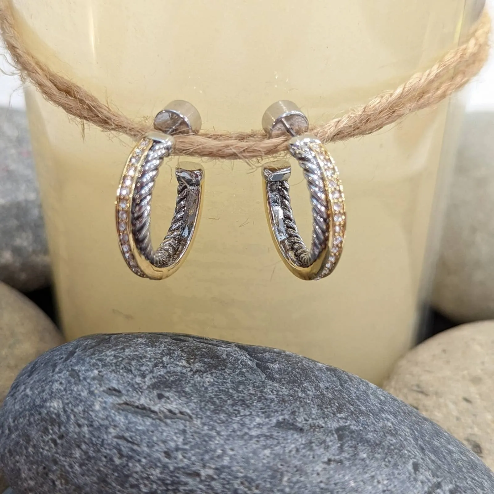 GOLD SILVER Two Tone Sparkle Twisted Rope Hoop Earrings