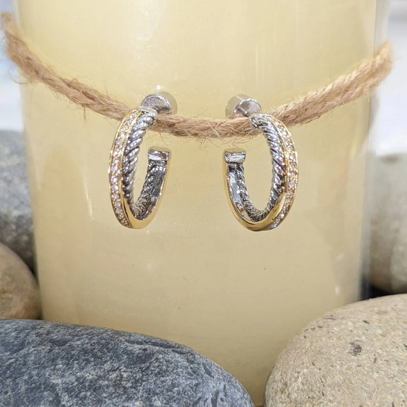 GOLD SILVER Two Tone Sparkle Twisted Rope Hoop Earrings