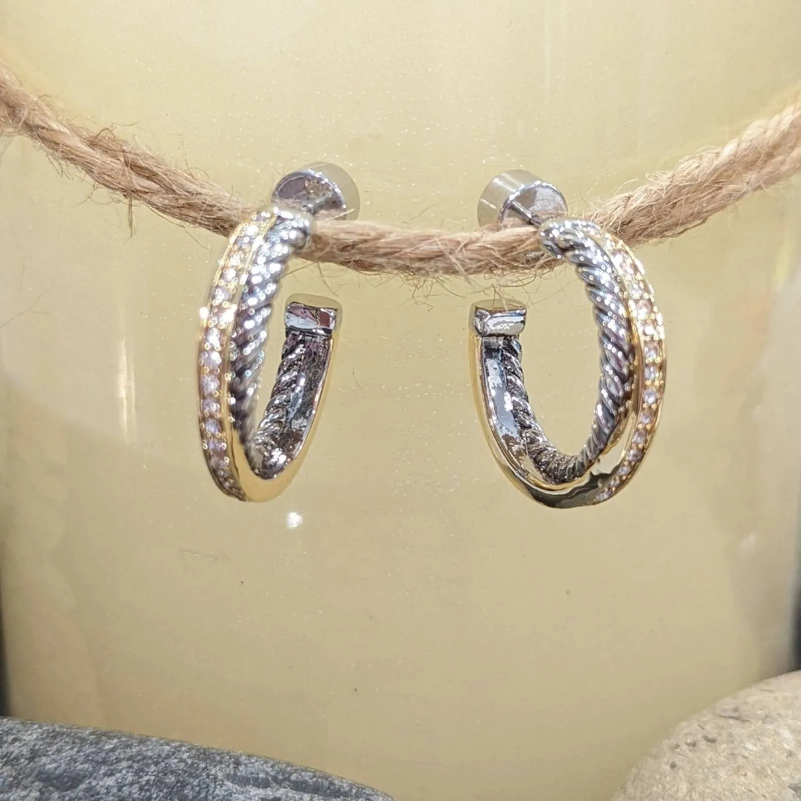 GOLD SILVER Two Tone Sparkle Twisted Rope Hoop Earrings