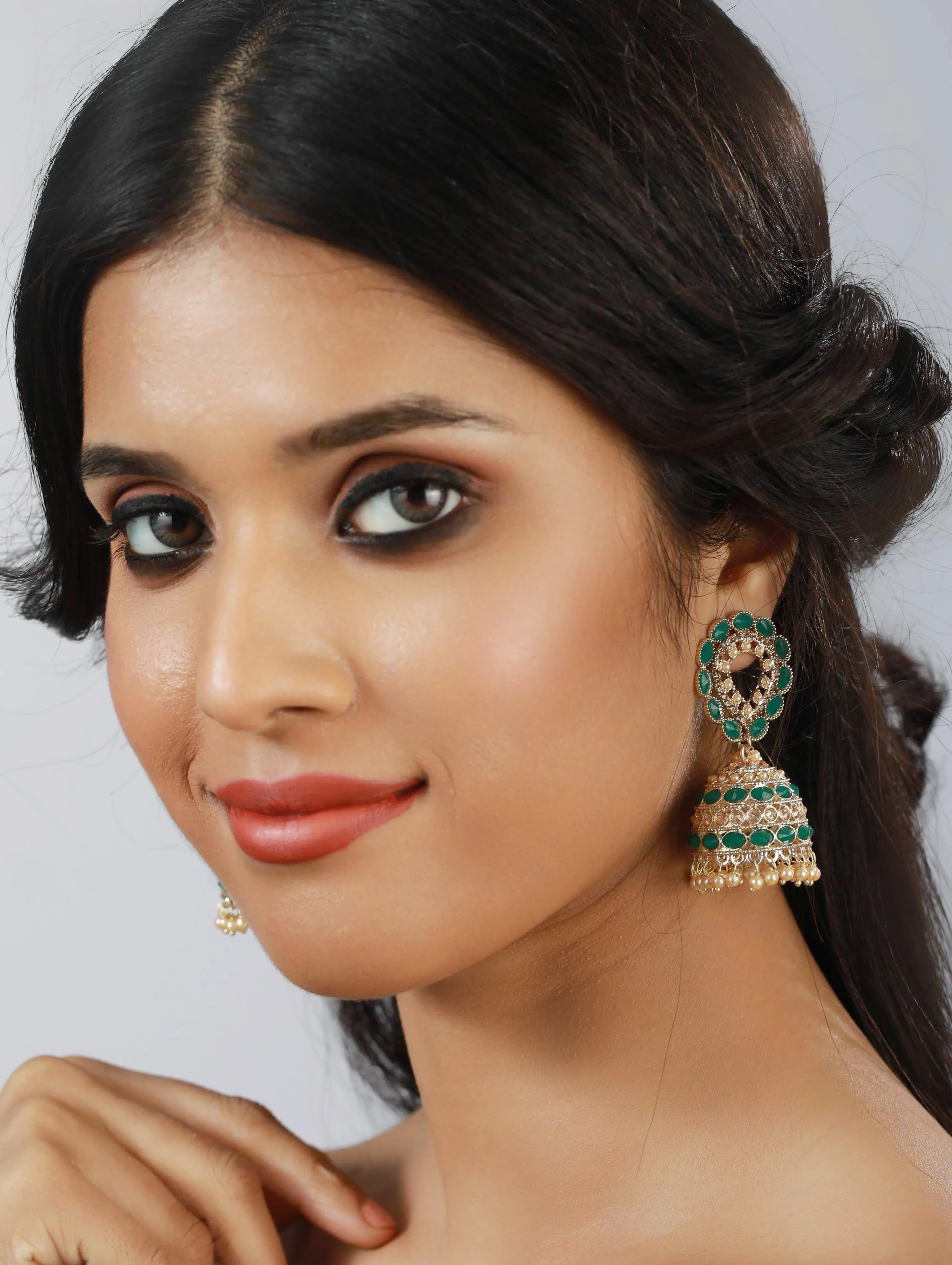 Green & White Contemporary Jhumkas Earrings