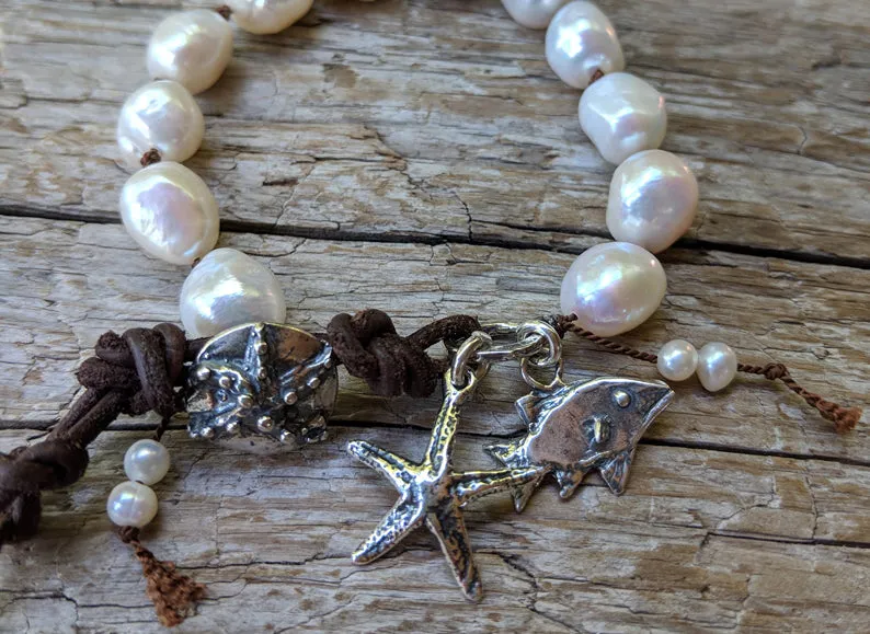 Handmade Boho Baroque Pearl Leather Bracelet with Fish and Starfish Charms