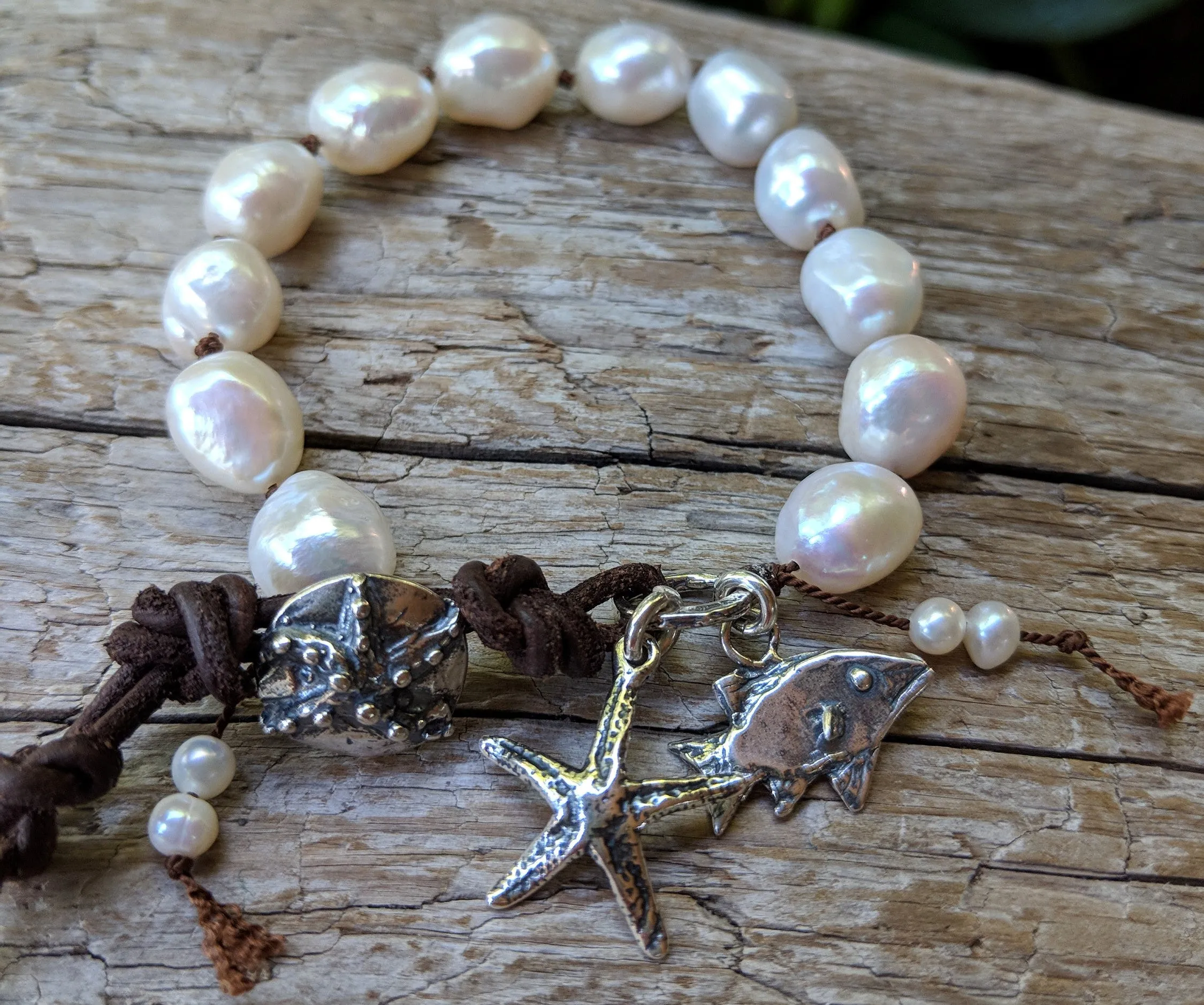 Handmade Boho Baroque Pearl Leather Bracelet with Fish and Starfish Charms