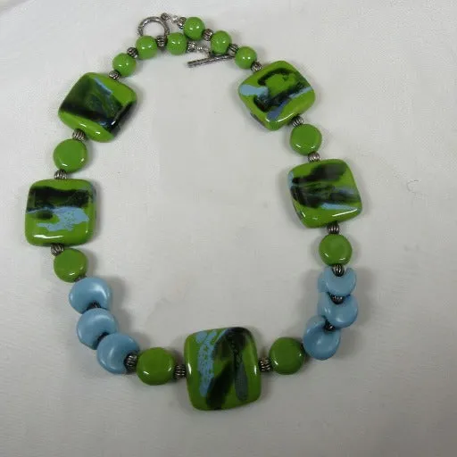 Handmade Kazuri Necklace in Green Apple and Matt Turquoise.