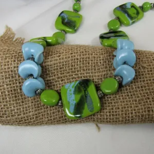 Handmade Kazuri Necklace in Green Apple and Matt Turquoise.