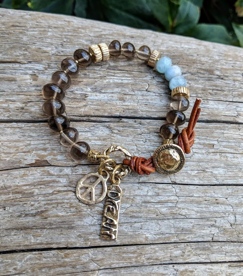 Handmade Smoky Quartz Peace Charm Bracelet