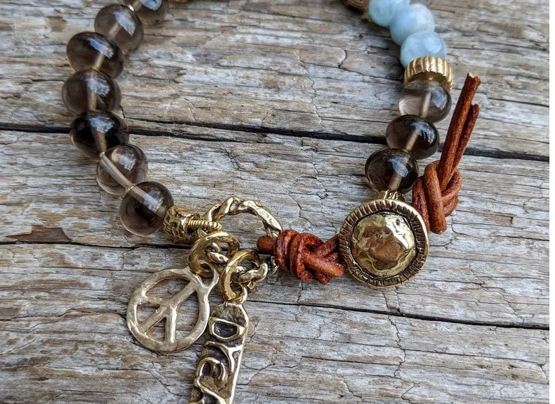 Handmade Smoky Quartz Peace Charm Bracelet