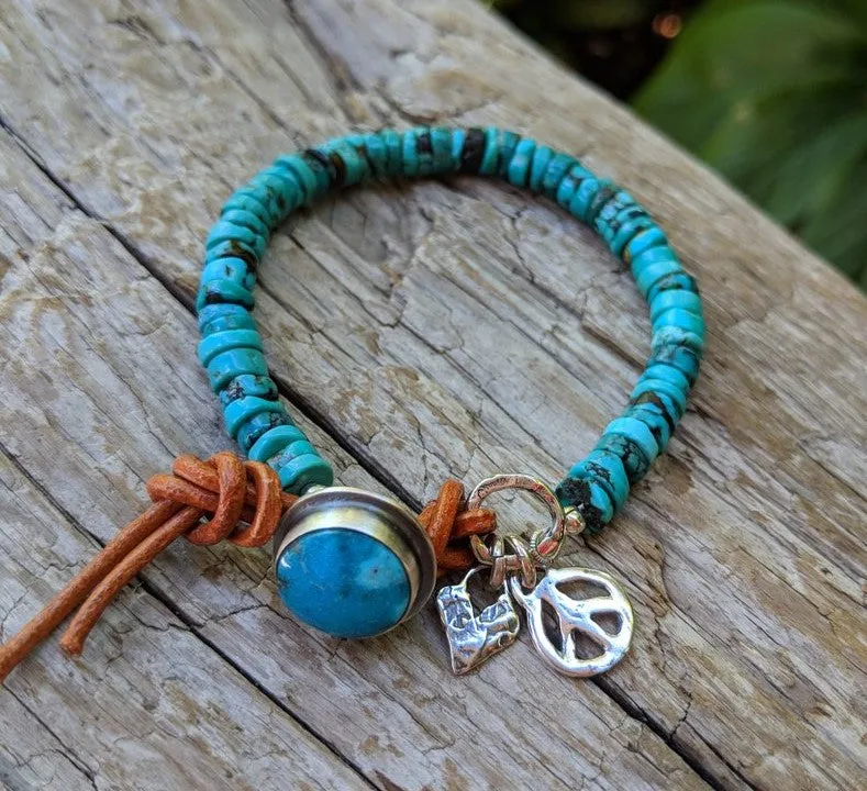 Handmade Turquoise Heart and Peace Sign Bracelet