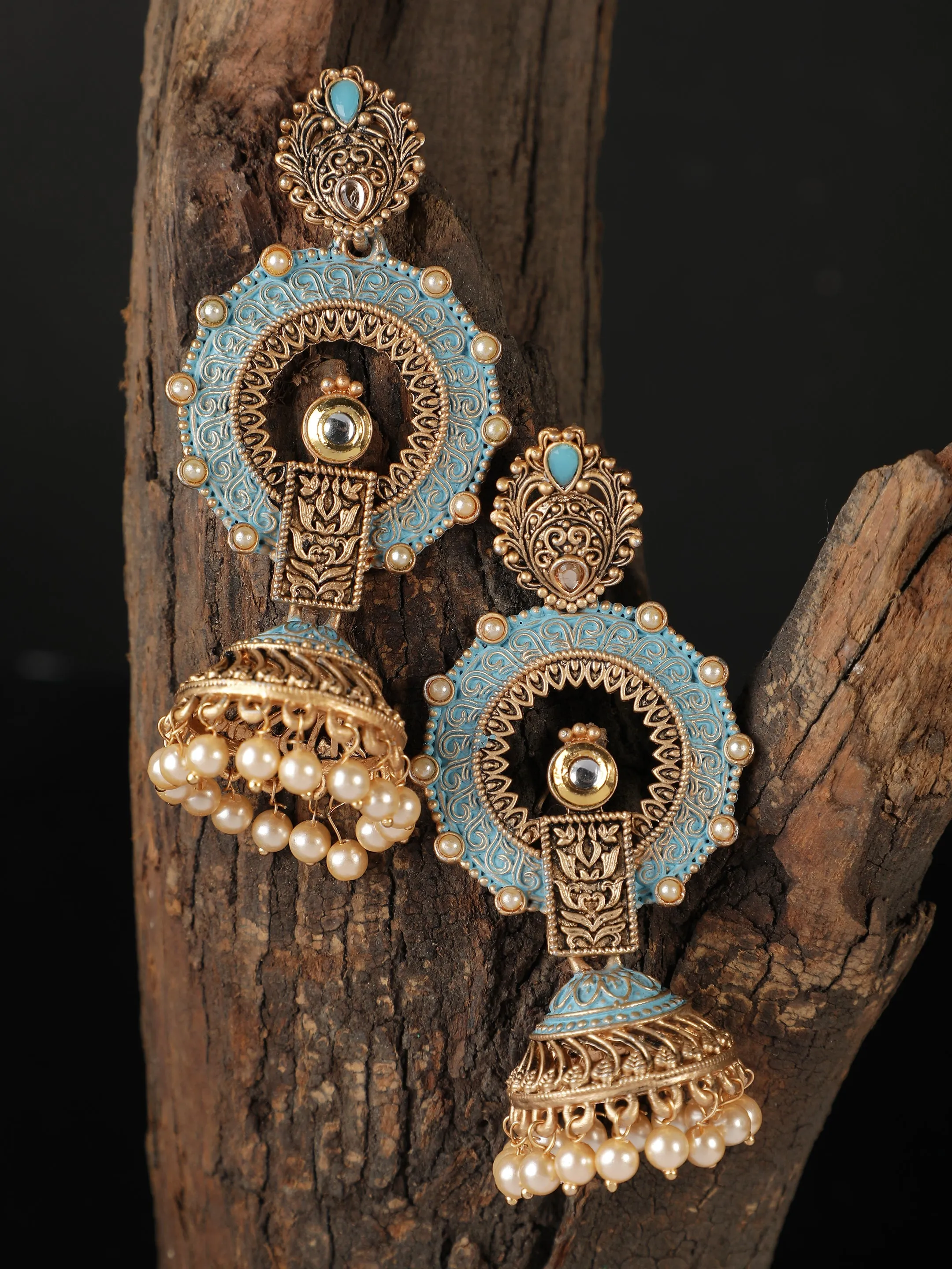 Ishin Gold Toned Blue Meenakari Contemporary Shaped Jhumka