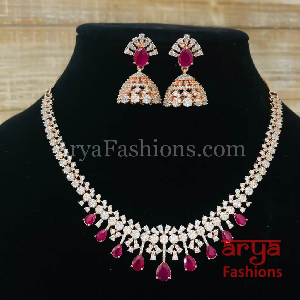 Kavina Rose Gold Ruby CZ Necklace with Jhumka Earrings