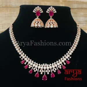 Kavina Rose Gold Ruby CZ Necklace with Jhumka Earrings