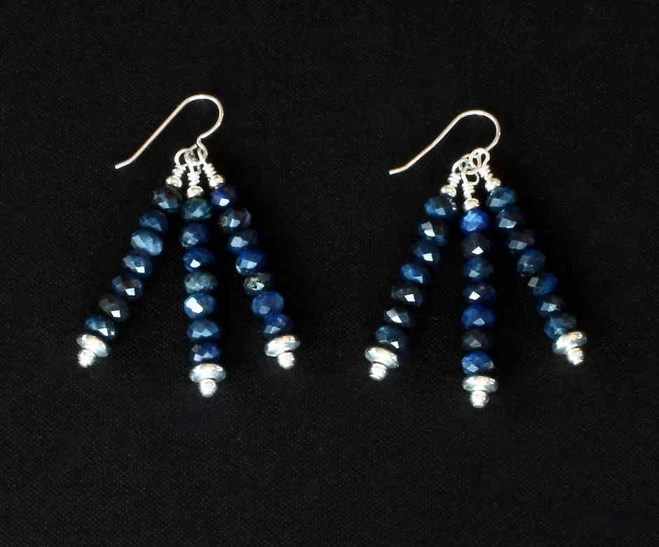 Lapis Faceted Rondelle Bead 3-Dangle Earrings with Sterling Silver