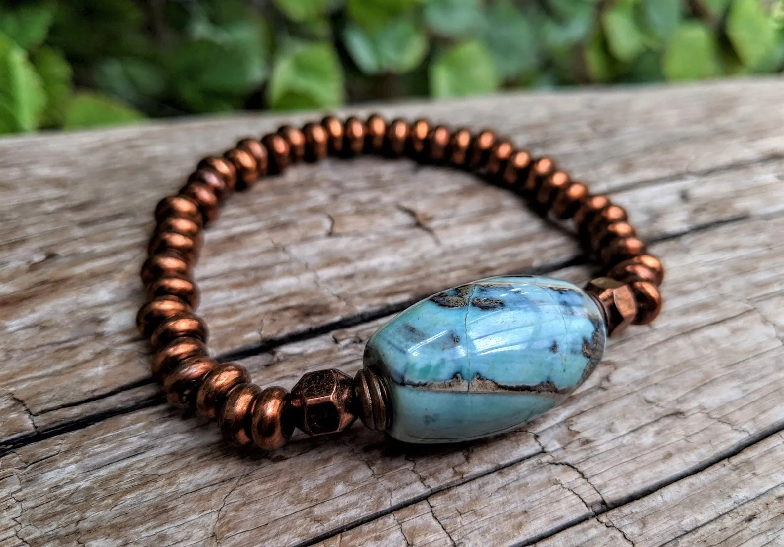 Large Blue Agate Gemstone Bead & Antique Copper Elastic Bracelet