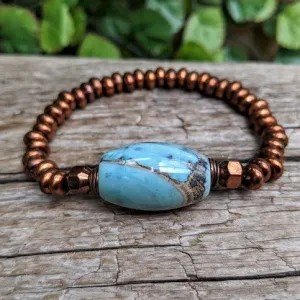 Large Blue Agate Gemstone Bead & Antique Copper Elastic Bracelet