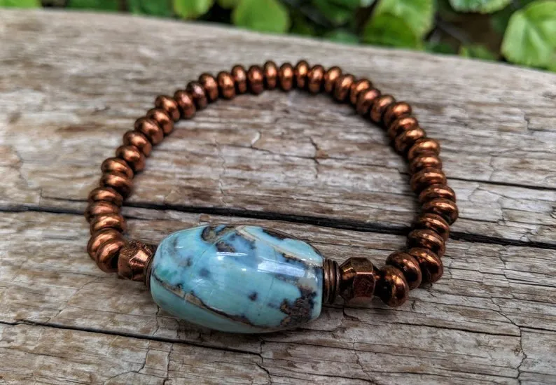 Large Blue Agate Gemstone Bead & Antique Copper Elastic Bracelet