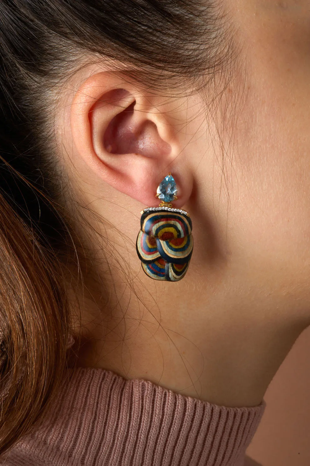 Marquetry Mushroom Earrings with Blue Topaz and Brown Diamonds