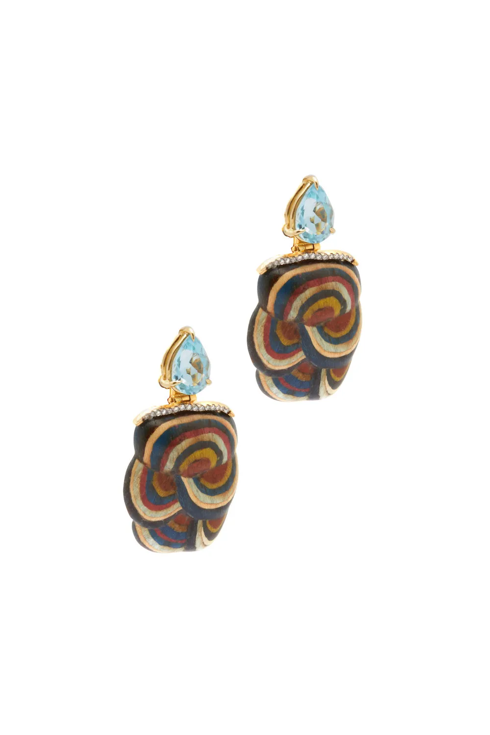 Marquetry Mushroom Earrings with Blue Topaz and Brown Diamonds