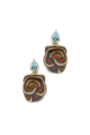 Marquetry Mushroom Earrings with Blue Topaz and Brown Diamonds