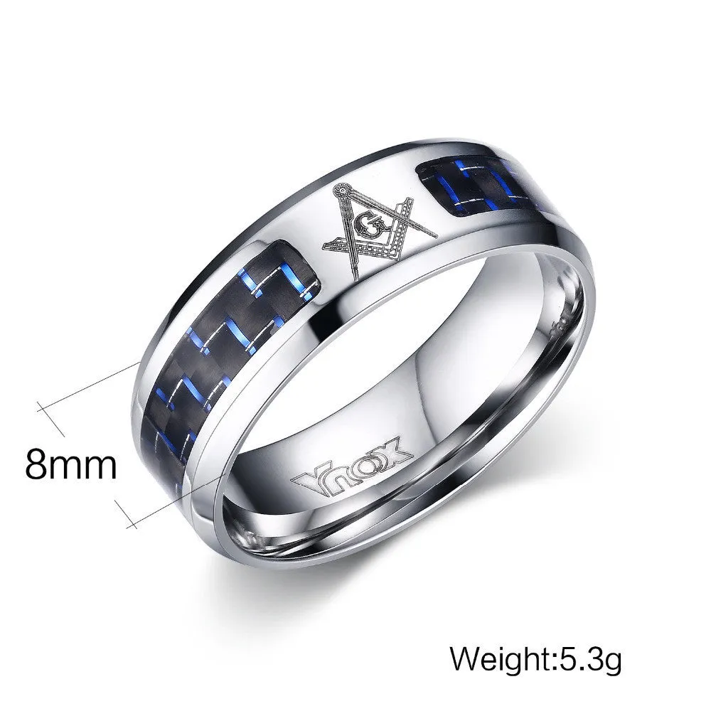 Men Masonic Rings Stainless Steel Wedding Rings for Men Jewelry With Blue & Black Carbon Fiber 8mm Wide Rings Jewelry