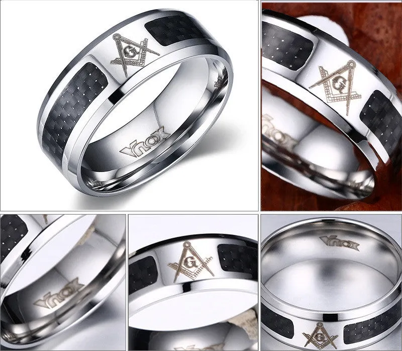 Men Masonic Rings Stainless Steel Wedding Rings for Men Jewelry With Blue & Black Carbon Fiber 8mm Wide Rings Jewelry