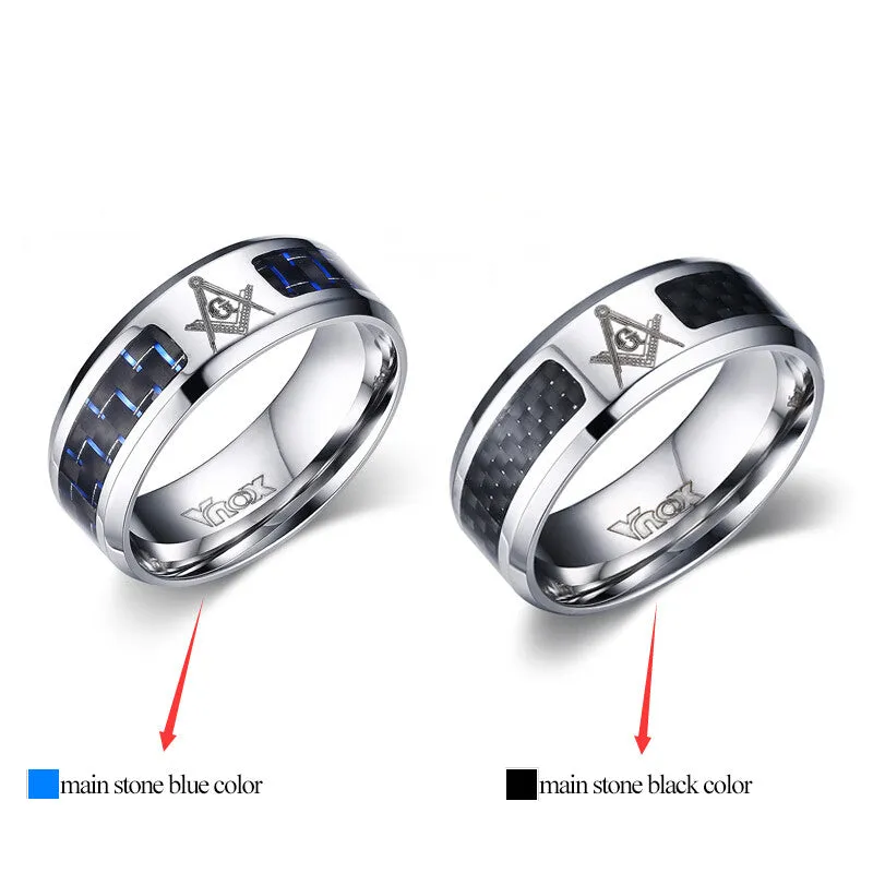 Men Masonic Rings Stainless Steel Wedding Rings for Men Jewelry With Blue & Black Carbon Fiber 8mm Wide Rings Jewelry