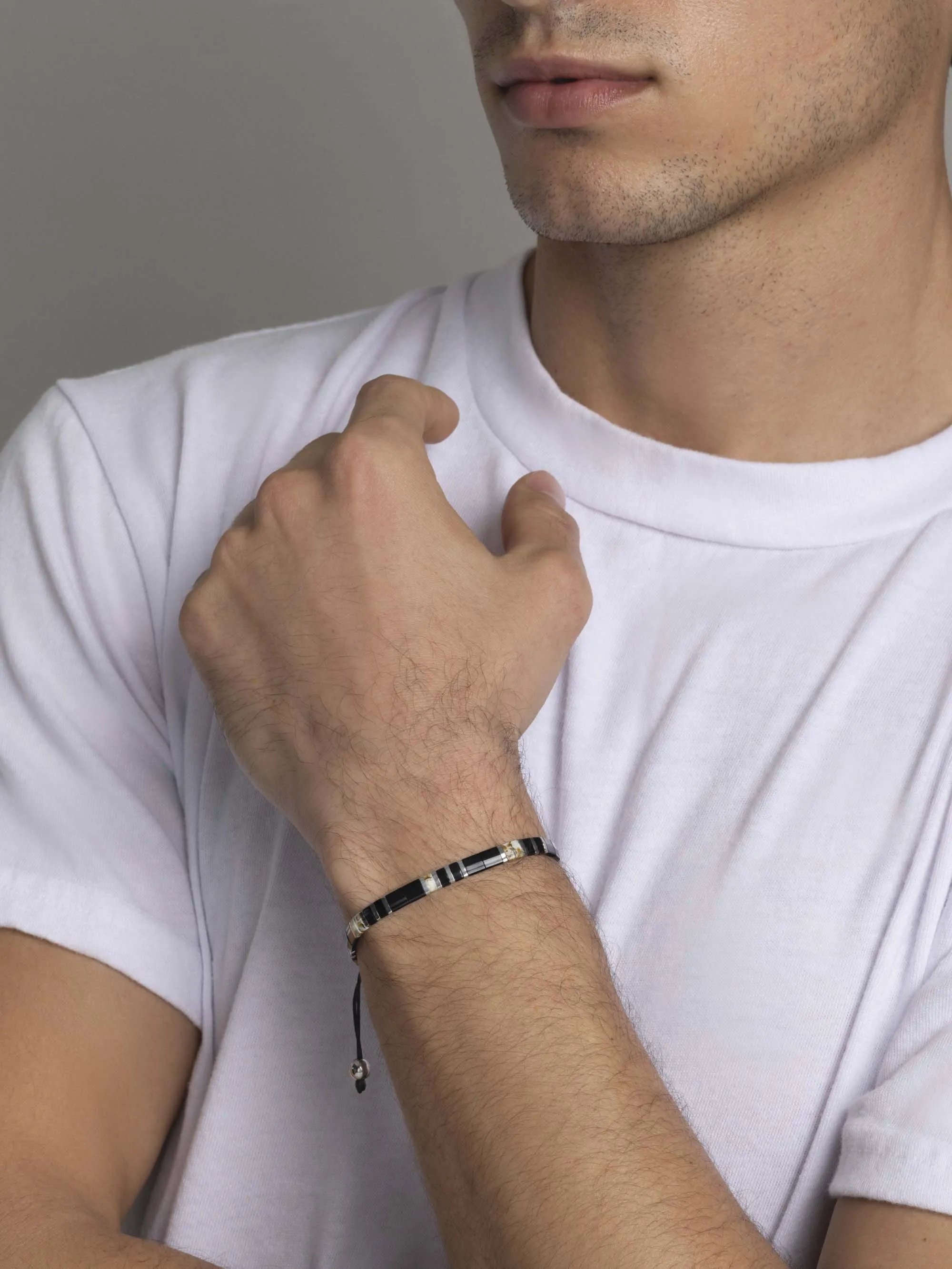 Men's Bracelet with Black, White Marbled and Silver Miyuki Tila Beads