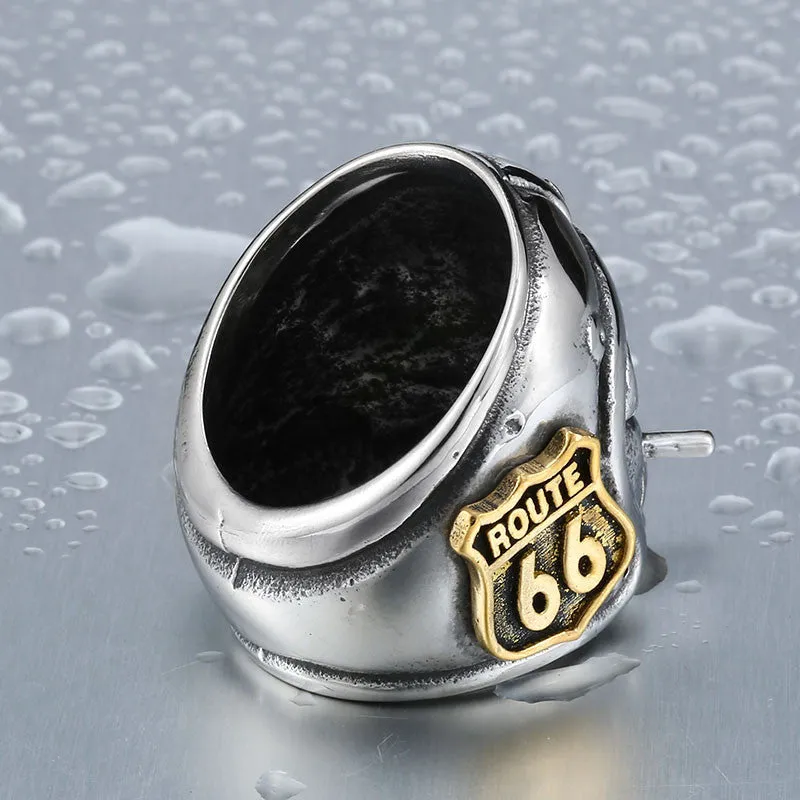 Motorcycle Biker Man Ring With Gold Route 66 Stainless Steel Unique Route 66 MC Club Biker Ring