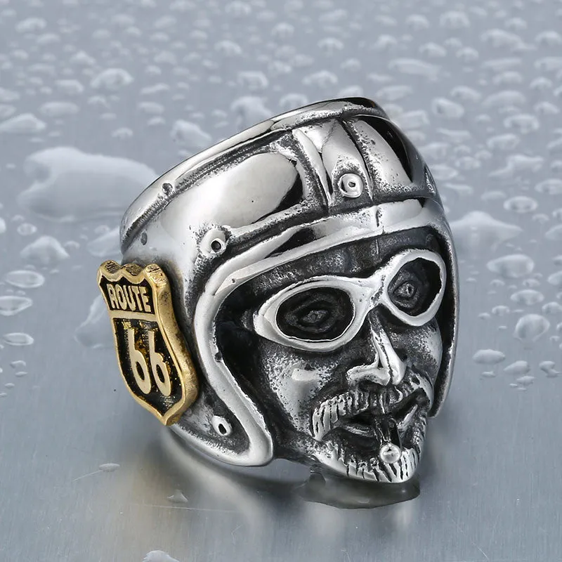 Motorcycle Biker Man Ring With Gold Route 66 Stainless Steel Unique Route 66 MC Club Biker Ring