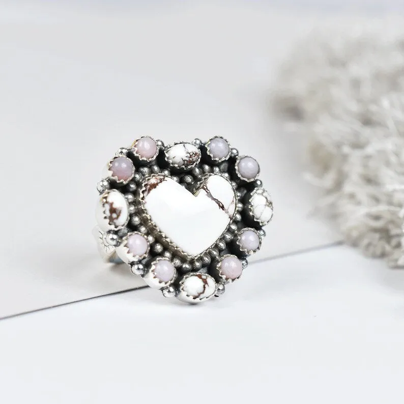 Native American Heart Cut Wild Horse & Pink Opal Cluster Rings - 925 Sterling Silver Handmade Vintage Rings