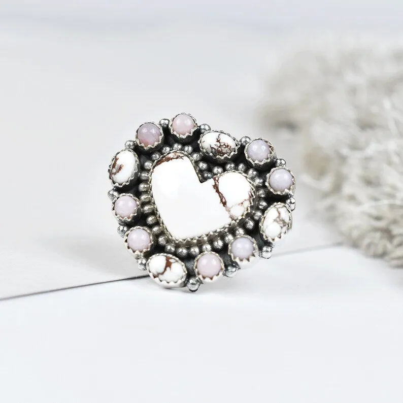 Native American Heart Cut Wild Horse & Pink Opal Cluster Rings - 925 Sterling Silver Handmade Vintage Rings