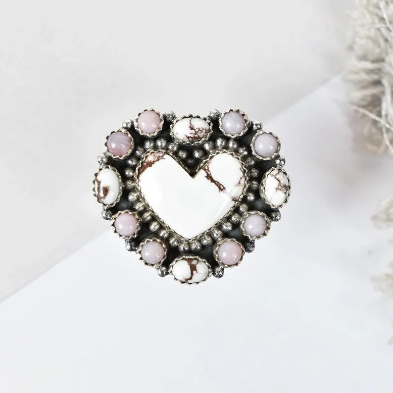 Native American Heart Cut Wild Horse & Pink Opal Cluster Rings - 925 Sterling Silver Handmade Vintage Rings