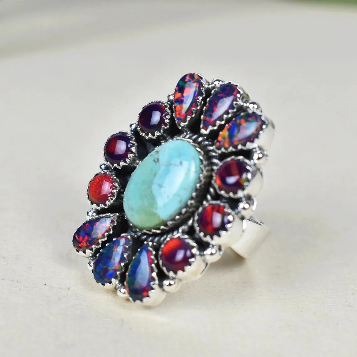 Native American Large Turquoise Cluster 925 Sterling Silver  Rings