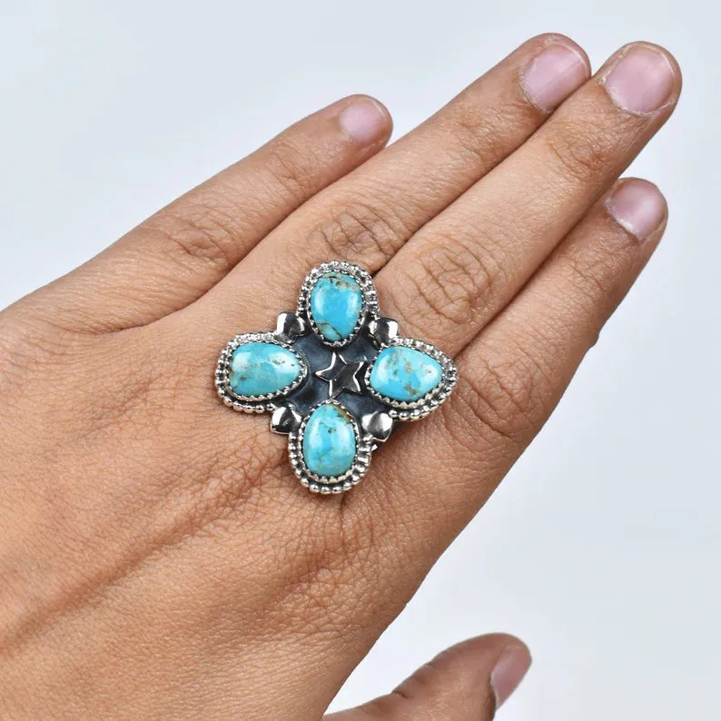 Native American Large Turquoise Cluster 925 Sterling Silver  Rings