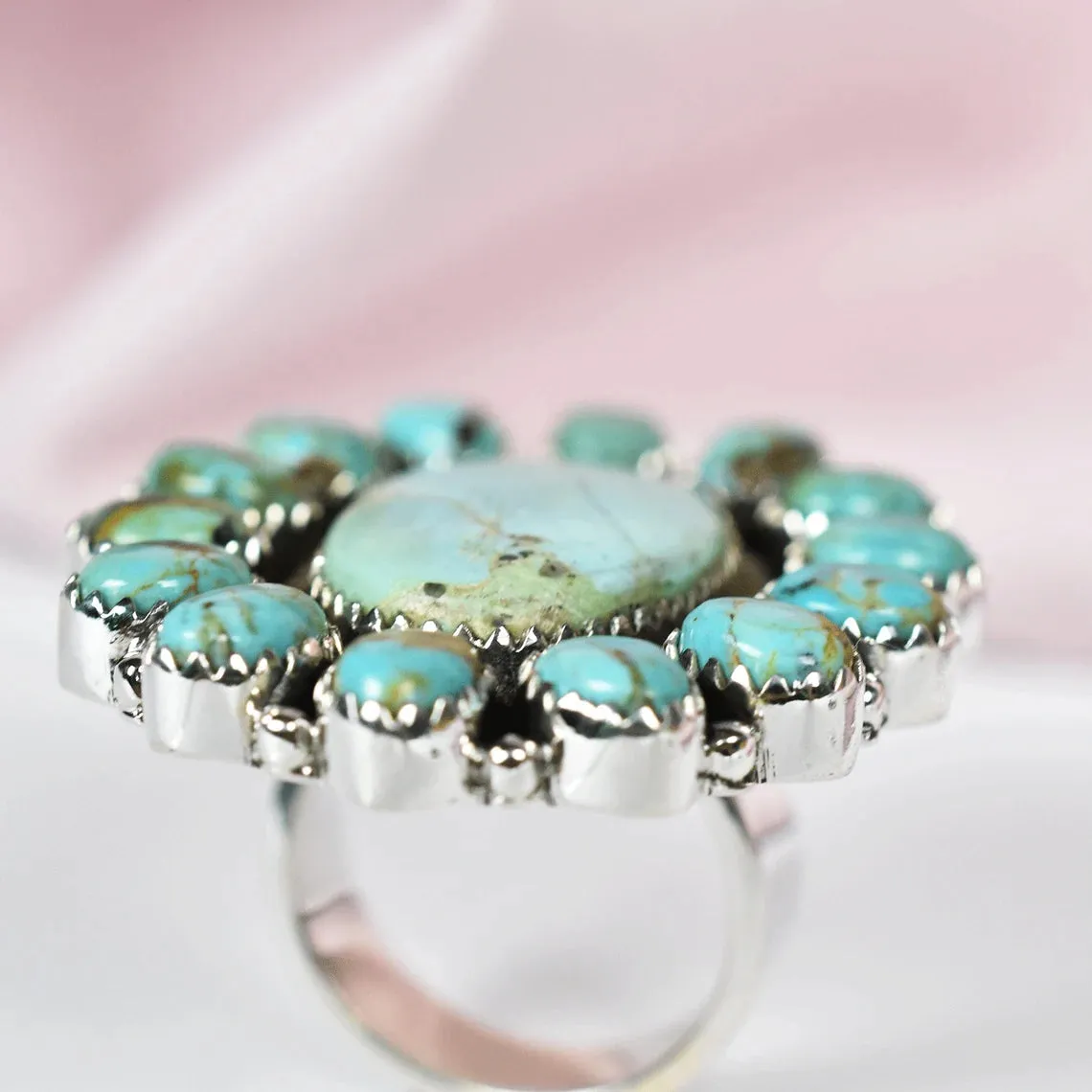 Native American Large Turquoise Cluster 925 Sterling Silver  Rings