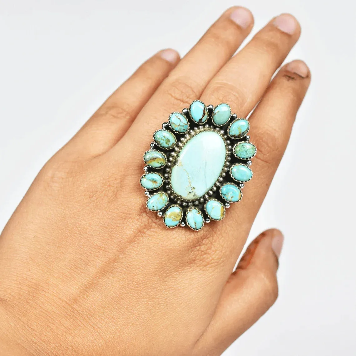 Native American Large Turquoise Cluster 925 Sterling Silver  Rings