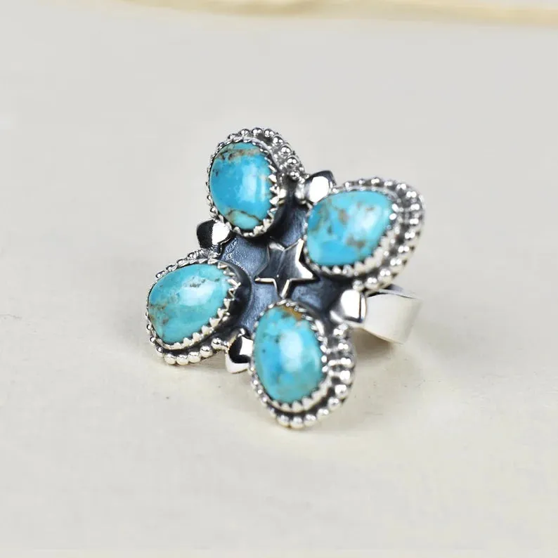 Native American Large Turquoise Cluster 925 Sterling Silver  Rings