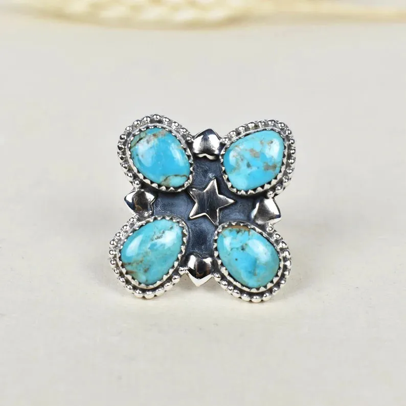 Native American Large Turquoise Cluster 925 Sterling Silver  Rings