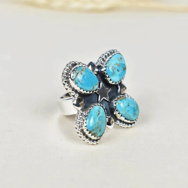 Native American Mohave Turquoise Cluster Rings - 925 Sterling Silver Handmade Vintage Rings