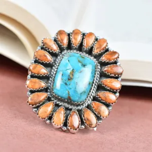 Native American Orange Coral & Turquoise Cluster Rings - 925 Sterling Silver Handmade Vintage Rings