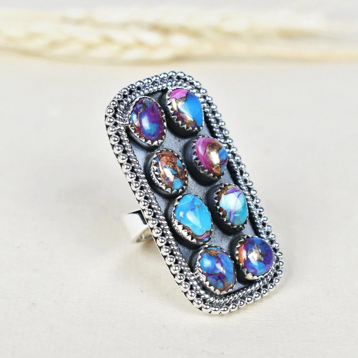 Native American Pink Copper Turquoise Long Cluster Rings - 925 Sterling Silver Handmade Vintage Rings