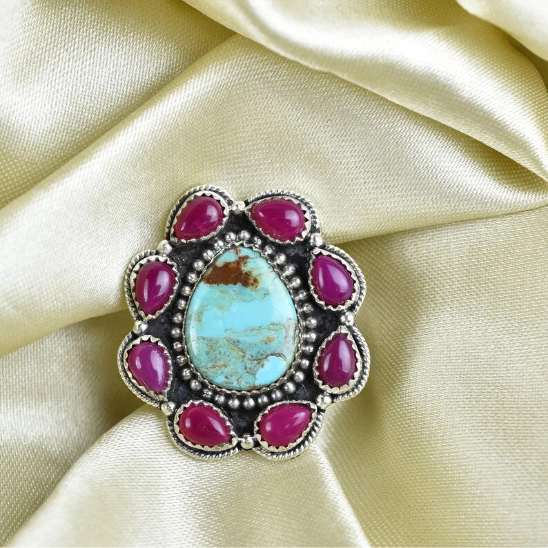 Native American Pink Onyx  & Turquoise Cluster Rings - 925 Sterling Silver Handmade Vintage Rings