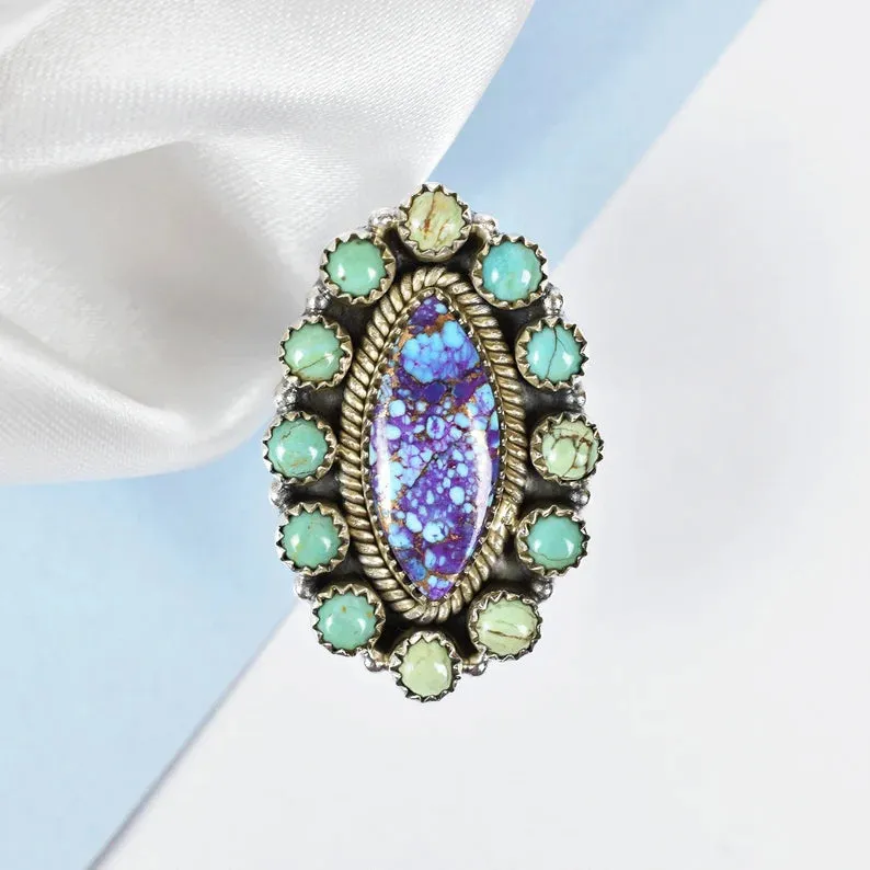 Native American Purple Copper Turquoise And Mohave Turquoise Cluster  925 Sterling Silver Rings