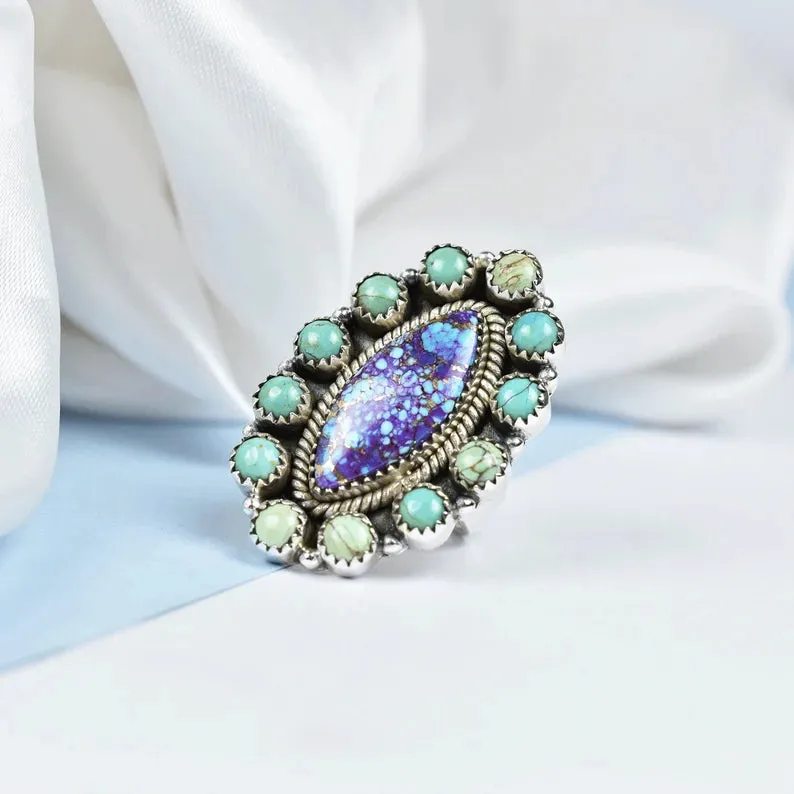 Native American Purple Copper Turquoise And Mohave Turquoise Cluster  925 Sterling Silver Rings