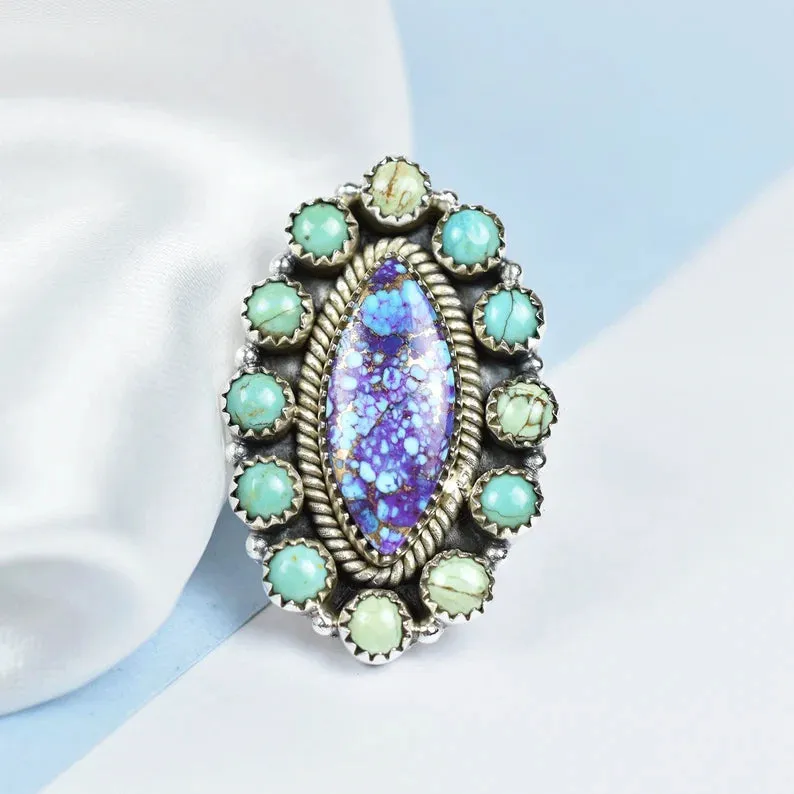 Native American Purple Copper Turquoise And Mohave Turquoise Cluster  925 Sterling Silver Rings