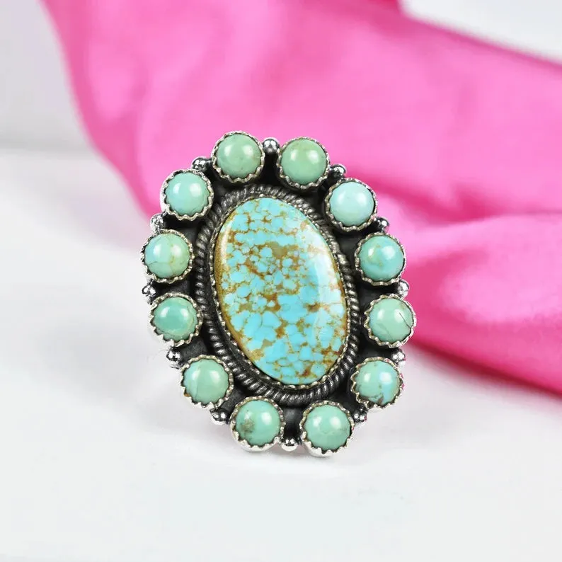 Native American Turquoise Cluster Rings - 925 Sterling Silver Handmade Vintage Rings