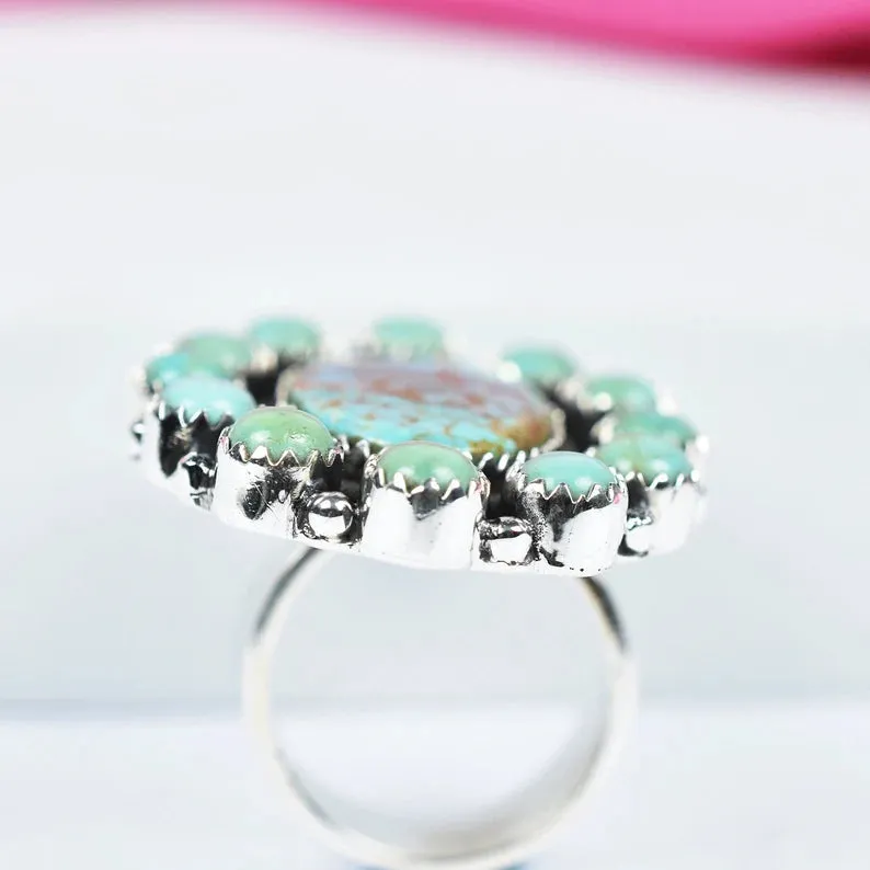 Native American Turquoise Cluster Rings - 925 Sterling Silver Handmade Vintage Rings